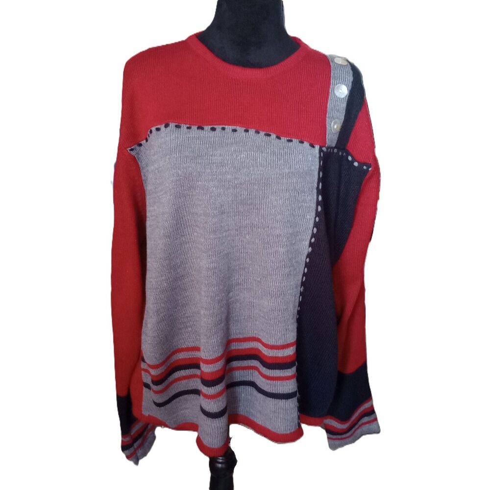 Sara Morgan Women's XXL Red, Gray & Black Color Block Vintage Sweater